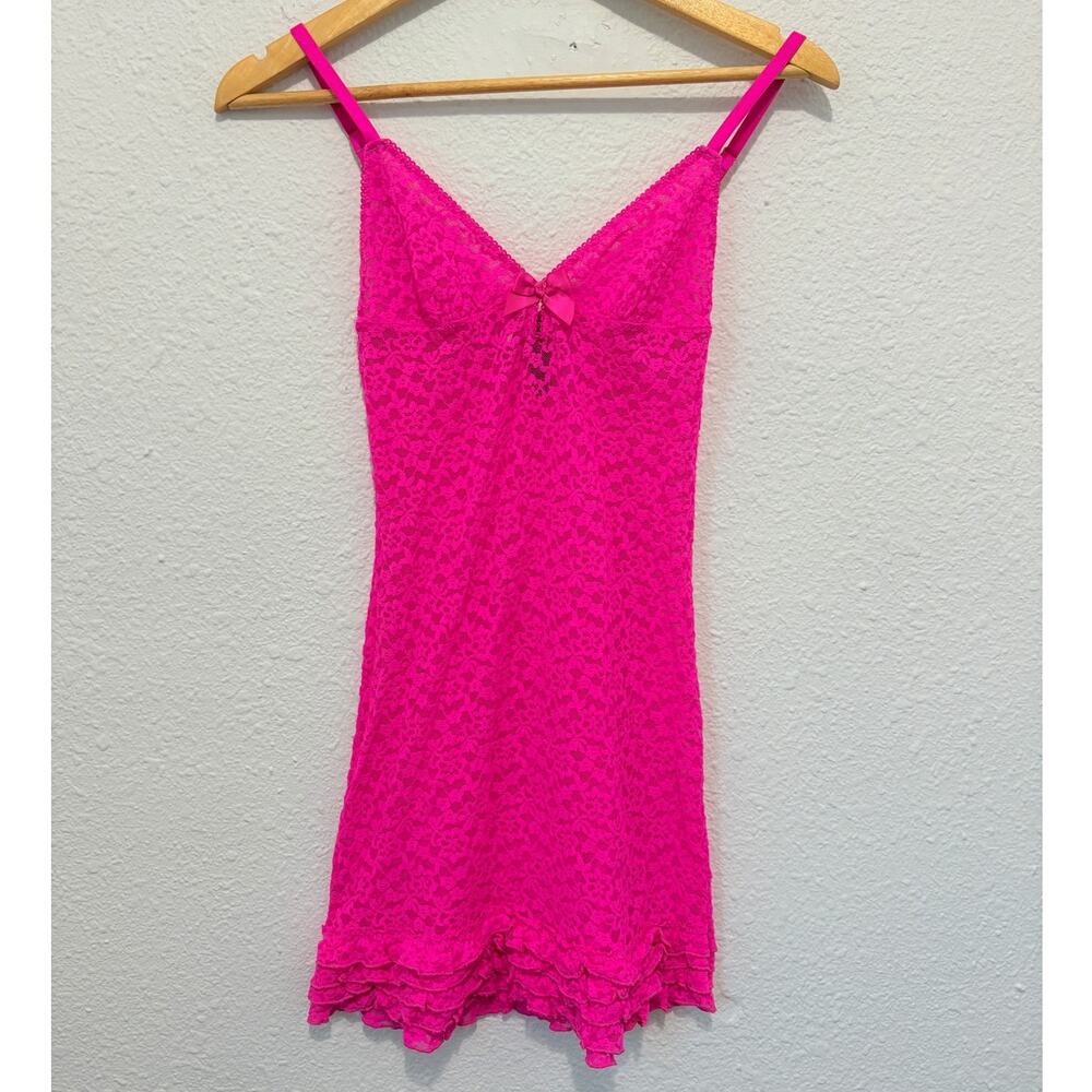 y2k victoria's secret hot pink lace slip dress nightgown sheer glam coquette